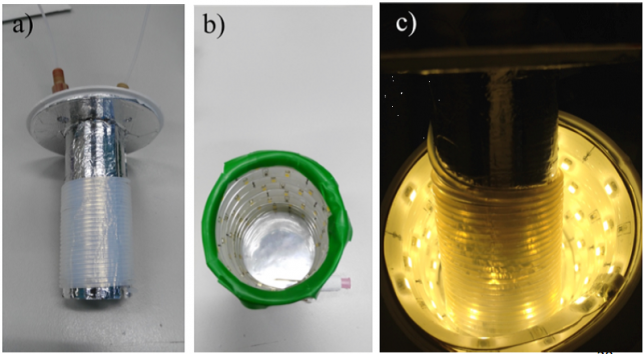 Figure 3: Pictures of the capillary photoreactor employed for the visible-light induced arylation of cysteine in flow